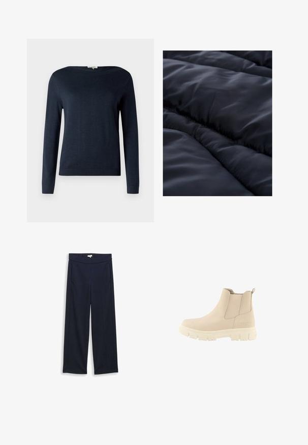 Tissu isolant bleu marine avec une texture lisse, présentant des sections matelassées et des motifs linéaires subtils pour plus de détails.; Pull en tricot bleu marine à manches longues et col rond, avec des poignets et un ourlet côtelés, présenté sur un fond blanc uni.; Pantalons larges navy en tissu doux, dotés d'une taille élastique et de poches latérales. Texture lisse avec des détails minimaux.; Bottine beige avec des panneaux élastiques sur les côtés, en tissu texturé, et une épaisse semelle en caoutchouc blanc. Elle présente une languette pour un enfilage facile.