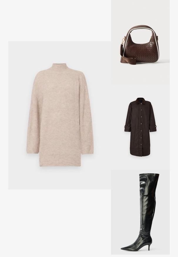 Brauner langer Mantel mit einem Cordkragen, ausgestattet mit einer vorderen Knopfleiste, Seitentaschen und einer Brusttasche. Glatte Textur.; Beige Pullover mit hohem Kragen und fallenden Schultern, aus geripptem Strickmaterial gefertigt. Lockerer Schnitt mit langen Ärmeln und einer glatten Textur.; Schwarze Lederstiefel bis zum Knie mit glänzender Oberfläche, spitzer Zehenpartie und schlanker Stilettoabsatz. Verfügt über einen eng anliegenden Schaft mit Steppnähten.; Braune gewebte Lederhandtasche mit weißer Paspel, goldenem Reißverschluss und abnehmbarem braunem Stoff-Schulterriemen.