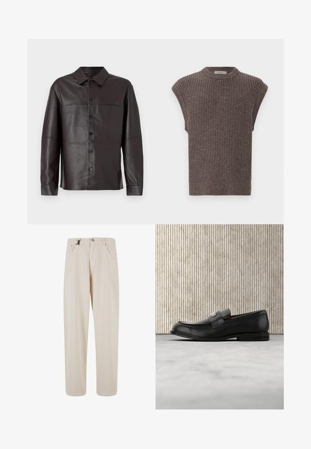 Brun læderskjorte med knaplukning foran, spidse kraver, lange ærmer og sømløse paneler for et rent og struktureret design.; Brun strikket ærmeløs top med ribbet tekstur, høj krave og sideslidser. Har en tætsiddende kant og blødt stof.; Beige bomuldsbukser med lige ben, der har forlommer og knaplukning. Glat tekstur med minimal detaljering.; Sort læderloafer med metalbrandskilt hvilende nær et brunt rundt bord på beige tæppe.