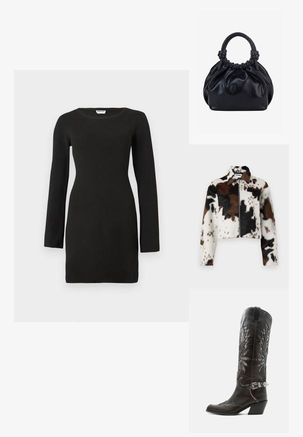 Veste courte en tissu doux avec un motif zèbre en blanc, marron et noir, dotée d'une fermeture éclair à l'avant et d'un col.; Robe noire à manches longues en tissu côtelé, dotée d'un col rond et d'une silhouette ajustée, se termine au-dessus des genoux.; Botte de cowboy en cuir noir avec découpes décoratives, boucle argentée et talon incliné, présentée sur fond blanc.; Sac à main en cuir noir souple avec le dessus froncé et deux grosses poignées nouées sur un fond uni clair.