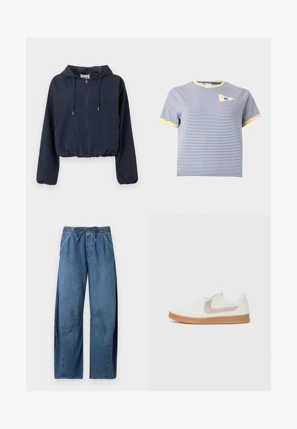 Veste courte à capuche bleu marine avec fermeture éclair frontale, capuche à cordon de serrage, poignets élastiques et poches latérales.; Chemise à manches courtes rayée horizontalement bleu et blanc avec un liseré jaune sur le col et les poignets, avec un petit écusson "81" sur la poitrine.; Pantalon en jean bleu coupe ample avec taille élastique et cordon, avec poches latérales et détails cousus aux genoux.; Baskets blanches de sport avec un dessus texturé, accent en suède beige et semelle en caoutchouc beige. Présente un design à lacets et un col rembourré.