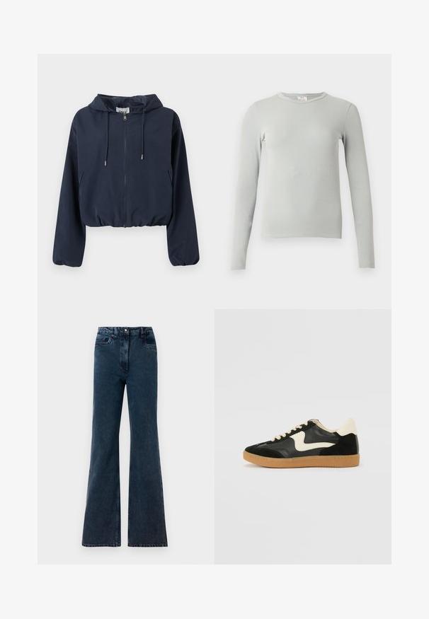 Veste courte à capuche bleu marine avec fermeture éclair frontale, capuche à cordon de serrage, poignets élastiques et poches latérales.; T-shirt gris clair à côtes, manches longues, col rond, coupe ajustée et petite étiquette de marque en tissu à l'intérieur de l'encolure.; Jean large taille haute bleu foncé avec poches frontales, passants de ceinture et fermeture à bouton.; Baskets en daim et cuir noir avec un swoosh latéral crème et un talon crème clair. Dotées de lacets beige et d'une semelle en caoutchouc gomme.