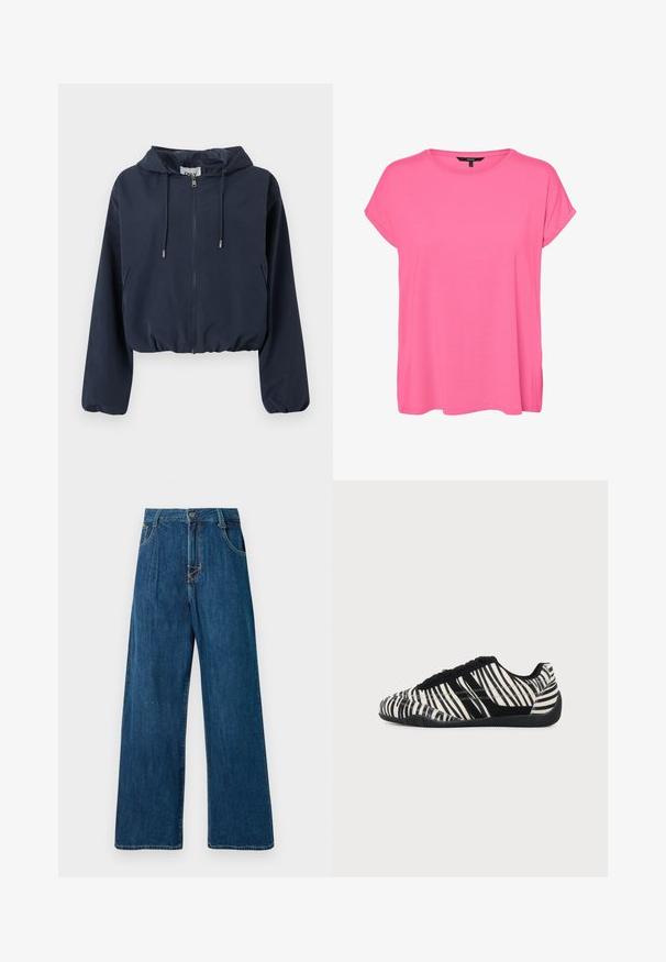 Chaqueta recortada con capucha en azul marino con cremallera frontal, capucha con cordón, puños elásticos y bolsillos laterales.; Camiseta rosa brillante para mujer de manga corta con un escote redondo y puños doblados, hecha de tela suave.; Pantalones vaqueros de pierna ancha en azul oscuro, con cierre de botón, cinco bolsillos y detalles de costura visibles. Textura suave. Sin adornos.; Zapatilla de deporte negra y blanca con cordones, patrón de rayas de cebra y suela negra texturizada sobre un fondo claro y liso.