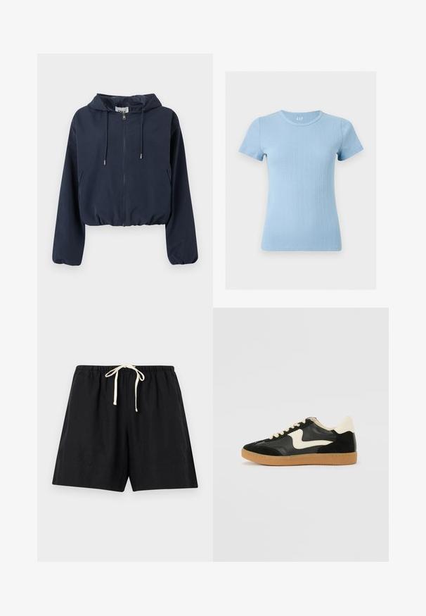 Veste courte à capuche bleu marine avec fermeture éclair frontale, capuche à cordon de serrage, poignets élastiques et poches latérales.; Top en maille côtelée bleu clair à manches courtes, col rond, silhouette ajustée et texture subtile à rayures verticales perforées.; Shorts noirs décontractés avec taille élastique et cordon de serrage blanc, posés à plat sur un fond gris clair.; Baskets en daim et cuir noir avec un swoosh latéral crème et un talon crème clair. Dotées de lacets beige et d'une semelle en caoutchouc gomme.