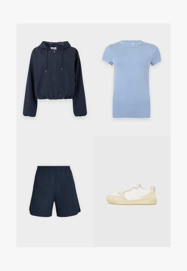 Veste courte à capuche bleu marine avec fermeture éclair frontale, capuche à cordon de serrage, poignets élastiques et poches latérales.; T-shirt bleu clair à manches courtes et col rond, design uni, présenté à plat sur un fond blanc.; Shorts de sport bleu marine avec taille élastique et fentes latérales, présentés à plat sur un fond clair uni.; Baskets blanches et beiges avec dessus en suède et textile, présentant des coutures contrastées, une semelle en caoutchouc et un accent bleu clair sur le talon.