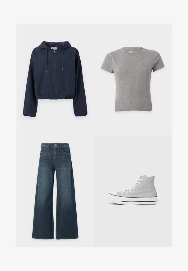 Marineblå cropped hættetrøje med lynlås foran, snørejusteret hætte, elastiske manchetter og sidelommer.; En ensfarvet grå t-shirt med korte ærmer og rund halsudskæring i bomuld, lagt fladt på en hvid baggrund.; Blå bredbenede denimjeans med fem lommer, knaplukning og synlige brune syninger, vist fladt på en hvid baggrund.; Høj-top sneakers i lys grå canvas, med hvide snørebånd, en hvid gummisål og en sort stribe langs bunden.