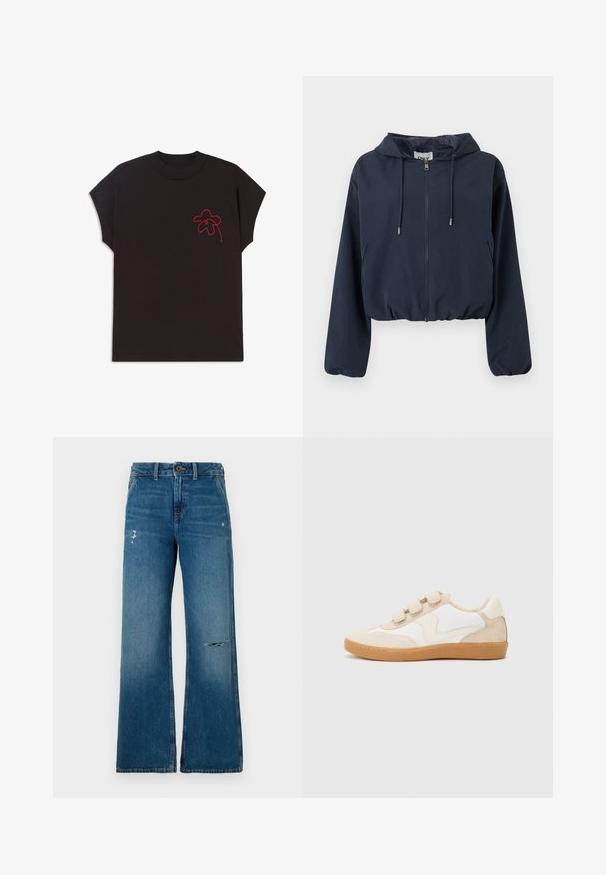 Veste courte à capuche bleu marine avec fermeture éclair frontale, capuche à cordon de serrage, poignets élastiques et poches latérales.; T-shirt noir à manches courtes avec un col rond ; présente un motif de fleur brodé rouge sur la partie gauche de la poitrine. Texture de tissu lisse.; Jean en denim bleu à jambes larges avec une texture délavée, présentant deux zones usées sur le devant, une fermeture à bouton et un design à cinq poches.; Baskets en cuir blanc et beige avec des accents en daim, dotées d'un bout rond, de trois bandoulières Velcro et d'une semelle en caoutchouc couleur gomme.