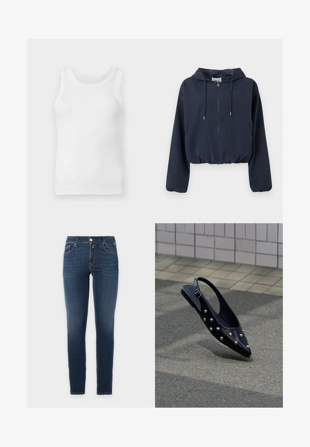 Veste courte à capuche bleu marine avec fermeture éclair frontale, capuche à cordon de serrage, poignets élastiques et poches latérales.; Débardeur sans manches en coton blanc côtelé avec encolure ronde, présenté à plat sur un fond gris clair.; Jean slim en denim bleu foncé avec cinq poches et une fermeture par bouton à la taille, sur fond uni clair.; Chaussure slingback noire à bout pointu avec des clous argentés, flottant au-dessus d'un bitume près d'un mur carrelé en arrière-plan.