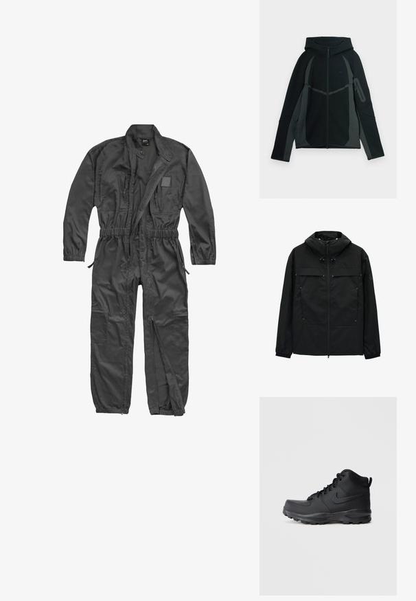Schwarze Jacke mit hohem Kragen, Reißverschluss und verstellbaren Kordelzügen. Verfügt über zwei Vordertaschen und elastische Bündchen. Glatte Textur, leichtes Design.; Schwarzer Overall mit langen Ärmeln, Frontreißverschluss, elastischem Bund und Bündchen, mehreren Reißverschlusstaschen und Stehkragen mit Druckknopf.; Schwarzer und dunkelgrauer Hoodie mit einem Reißverschluss vorne, großer Kapuze und seitlicher Reißverschlusstasche. Verfügt über ein strukturiertes Design und kontrastierende Einsätze.; Schwarze High-Top-Sneaker mit einem glatten synthetischen Obermaterial, runder Zehenpartie, gepolstertem Schaft und strukturiertem Gummisohle. Verfügt über ein Schnürdesign und ein Logo-Element.