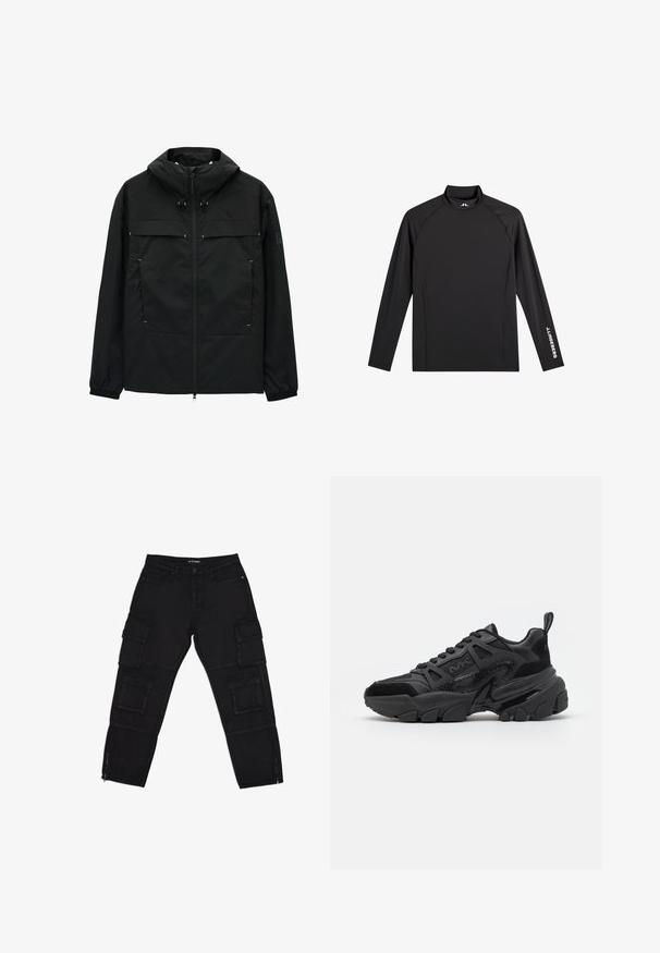 Schwarze Jacke mit hohem Kragen, Reißverschluss und verstellbaren Kordelzügen. Verfügt über zwei Vordertaschen und elastische Bündchen. Glatte Textur, leichtes Design.; Schwarzes Langarm-Sportoberteil mit Stehkragen, schlanker Passform und weißem "J.Lindeberg"-Logo am linken Ärmel und Kragen.; Schwarze Cargo-Hosen aus robustem Stoff, ausgestattet mit mehreren Cargotaschen, Reißverschluss-Ärmeln und geraden Beinen mit dezenten Nähdetails.; Schwarze Sneakers mit einer Kombination aus glatten und strukturierten Materialien, einer klobigen Sohle, Schnürdesign und markanten seitlichen Akzenten.