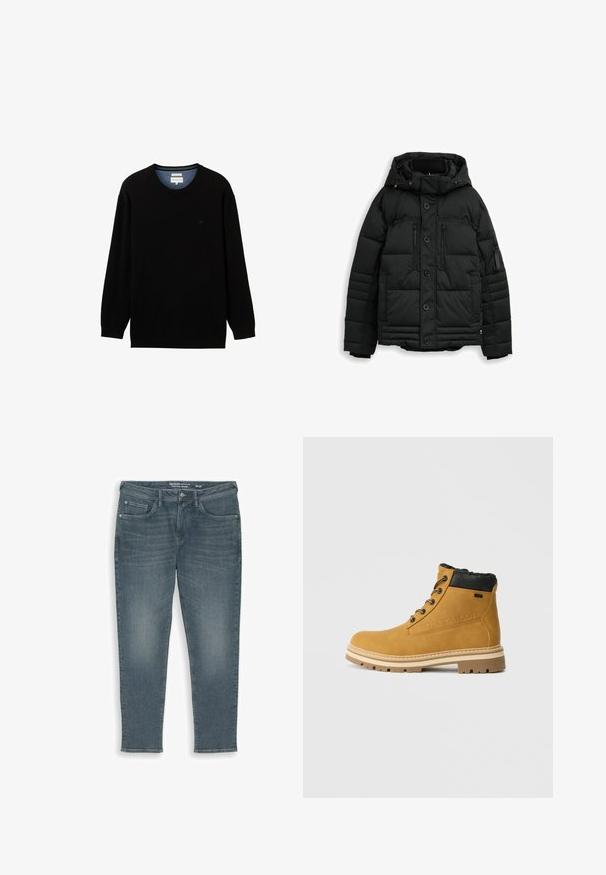 Schwarze Pufferjacke mit Kapuze, Reißverschluss-Brusttaschen, Knopfverschluss, geripptem Kragen und gestepptem Material zur Isolierung.; Schwarzer Pullover mit langen Ärmeln aus geripptem Material und rundem Ausschnitt. Verfügt über ein dezentes Logo auf der Brust und einen kontrastierenden inneren Kragen.; Dunkelblaue, schmal zulaufende Jeans aus Denim mit Vorderseiten-Taschen, Gürtelschlaufen und Knopfverschluss, Größe 32/32 von Tom Tailor.; Braune Lederstiefel bis zum Knöchel mit schwarzem Fellfutter, Metallösen und dicken beigen Sohlen. Mit geprägtem Logo an der Seite.