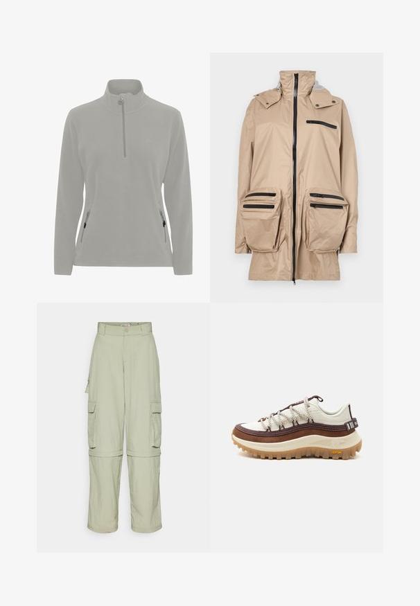 Veste imperméable beige avec un col haut, fermeture éclair sur le devant et plusieurs poches zippées noires sur la poitrine et les hanches. Texture lisse.; Pull en polaire gris clair avec un col haut, fermeture éclair demi-zippée, poches latérales avec zippers et une texture lisse. Logo simple sur la poitrine.; Pantalons cargo beiges clairs avec passants de ceinture, poches à rabat sur le côté et jambes zippées, se transformant en shorts.; Chaussure de randonnée basse blanche et marron avec semelle épaisse en caoutchouc Vibram, lacets à motifs et empiècement latéral en tissu imperméable Gore-Tex.