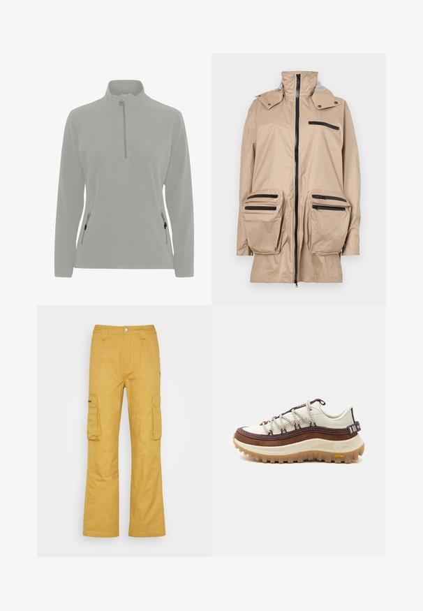 Veste imperméable beige avec un col haut, fermeture éclair sur le devant et plusieurs poches zippées noires sur la poitrine et les hanches. Texture lisse.; Pull en polaire gris clair avec un col haut, fermeture éclair demi-zippée, poches latérales avec zippers et une texture lisse. Logo simple sur la poitrine.; Pantalons cargo d'une riche couleur jaune moutarde, fabriqués en tissu robuste. Dotés de deux grandes poches latérales et d'un design à jambe droite.; Chaussure de randonnée basse blanche et marron avec semelle épaisse en caoutchouc Vibram, lacets à motifs et empiècement latéral en tissu imperméable Gore-Tex.