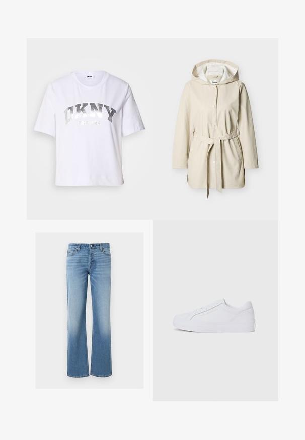 Beige regenjas met capuchon, lange mouwen, drukknoopsluiting aan de voorkant, twee zijzakken en een bijpassende riem die rond de taille is gebonden.; Witte cropped t-shirt gemaakt van katoen, met een zilverkleurige metallic opdruk met "DKNY" en "New York" in vette, blokletters.; Lichtblauwe denim jeans met een hoge taille, knoop- en ritssluiting aan de voorkant, vijf zakken en een wijd uitlopende pijp.; Tommy Hilfiger TH PLATFORM - Sneakers laag - white