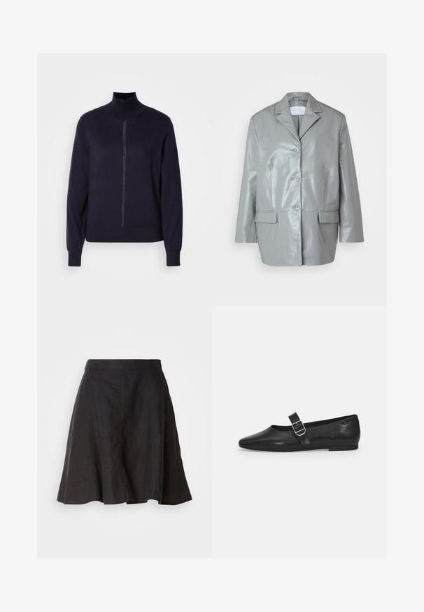 Harmaa tekonahkainen takki, jossa on terävä kaulus, kolmonen nappikiinnitys, kaksi etutaskua ja kiiltävä pinta. Muotoon ommeltu istuvuus pitkillä hihoilla.; Navy turtleneck-neule pehmeästä neuleesta, jossa on puolivetoketju edessä, pitkät hihat ja istuva helma. Minimalistinen muotoilu ilman kuvioita.; Mustat pellavahousut, joissa on liehuva muotoilu, vyötärönauha ja saumat. Kankaassa on hieman teksturoitu pinta, ja helma ulottuu polven korkeudelle.; Mustat nahkakengät, joissa on pyöreä kärki, yksi säädettävä solkiremmija sileä, kiiltävä pinta. Minimalistinen muotoilu ja matala korko.
