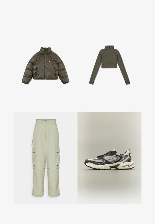 Geknipte pufferjack in olijfgroen, met een hoge kraag, een rits aan de voorkant en horizontale gequilte details. Fila-logo op de borst.; Olijfgroene cropped sweatshirt met een hoge hals en een kwart rits. Voorzien van lange mouwen en een slim fit ontwerp. Subtiele logodetail op de borst.; Lichtbeige cargobroek met riemlussen, zijflapzakken en ritsbenen die kunnen worden omgevormd tot shorts.; Zwarte en beige mesh sneakers hebben een gewatteerde kraag, een gestructureerd bovenwerk en een opvallend logo aan de zijkant. Slanke vormgeving met een gebogen zool.