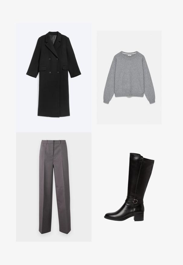 Long manteau noir double boutonnage avec revers crantés et deux poches à rabat, présenté à plat sur un fond clair.; Pull gris à manches longues avec col rond, poignets et ourlet en bord-côte, fabriqué en tissu tricoté doux, présenté sur un fond clair uni.; Pantalon tailleur gris en tissu texturé, avec une coupe droite, un devant plat et des passants de ceinture.; Botte en cuir noir montante avec un bout arrondi, une sangle décorative avec une boucle circulaire, et un petit talon carré. Texture lisse et brillante.