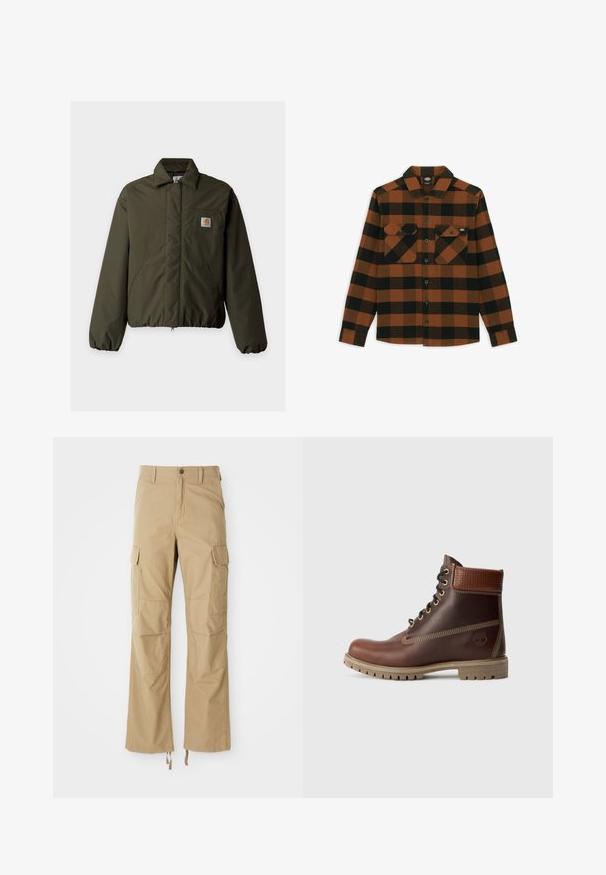 Veste matelassée vert olive avec col, deux poches avant, poignets élastiques et petit écusson logo Carhartt sur la poche poitrine.; Chemise à manches longues en motif écossais orange et noir, fabriquée dans un tissu texturé. Comprend deux poches poitrine et une fermeture à boutons.; Pantalons cargo kaki en tissu durable, dotés de plusieurs poches latérales, d'une coupe droite et de cordons de serrage réglables à l'ourlet.; Bottine en cuir marron à lacets, avec un col rembourré, des coutures contrastées et une semelle robuste, vue de l'extérieur sur un fond blanc.