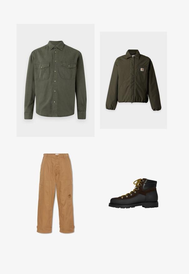 Olijfgroene gewatteerde jas met kraag, twee voorzakken, elastische manchetten en een klein Carhartt-logo op het borstzakje.; Khaki langekootshirt van katoen. Heeft een knoopsluiting aan de voorkant, twee borstzakken met kleppen en een klassieke kraag. Eenvoudig ontwerp.; Khaki werkbroek, gemaakt van duurzaam materiaal, heeft meerdere zakken, een knoopsluiting en een geborduurd logo op de dij.; Bruine suède en zwarte leren wandelschoen met gele veters, metalen oogjes en een robuuste zwarte zool. Halfhoge snit voor extra ondersteuning.
