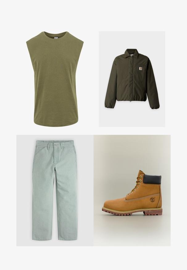 Veste matelassée vert olive avec col, deux poches avant, poignets élastiques et petit écusson logo Carhartt sur la poche poitrine.; T-shirt sans manches de couleur olive, fabriqué en coton doux, avec un col rond et une coupe décontractée et ample, dotée d'une texture lisse et uniforme.; Pantalon vert clair à jambe droite avec passants de ceinture, bouton devant, fermeture éclair et poches avant diagonales sur un fond uni.; Bottine en cuir marron avec col noir, lacets jaunes et semelle beige. Présente un logo et des détails de couture blanche. Semelle extérieure à traction robuste.