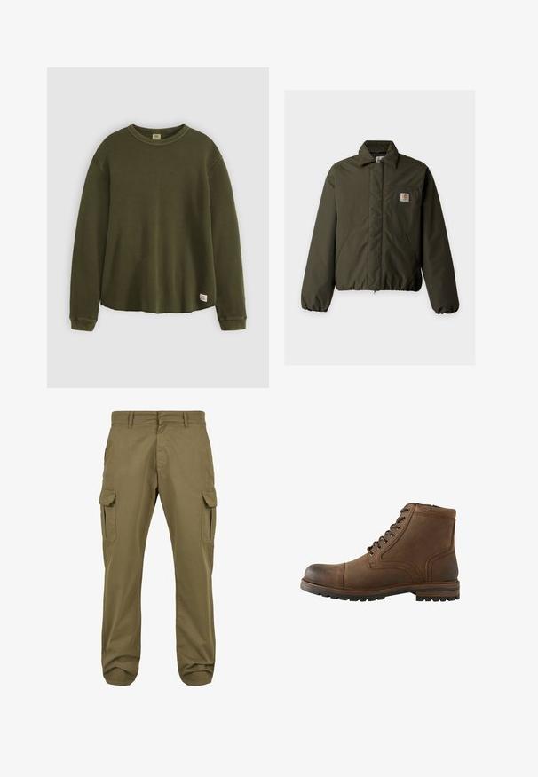 Olivovo zelená prešívaná bunda s golierom, dvoma prednými vreckami, elastickými manžetami a malou nášivkou s logom Carhartt na náprsnom vrecku.; Olivovo zelený sveter s dlhým rukávom vyrobený z textúrovaného, ribbed materiálu s okrúhlym výstrihom, voľným strihom a malou značkovou nálepkou na dolnom leme.; Zelené cargo nohavice so rovný strihom, vyrobené z bavlny, s bočnými vreckami a zapínaním na gombík pre praktickosť. Hladká textúra, ležérny dizajn.; Hnedá kožená členková obuv so šnurovaním vpredu a odolnou podrážkou, navrhnutá na bežné alebo vonkajšie nosenie.