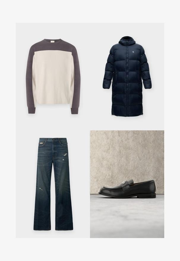 Long manteau d'hiver noir matelassé avec capuche, fermeture éclair avant, poches latérales et petit logo poitrine sur fond uni.; Pull à col rond à manches longues avec des épaules et des manches gris foncé, et un corps beige clair, présenté sur un fond blanc.; Jeans en denim foncé à jambes larges, avec des zones de décoloration légère et de distorsion. Comprend une fermeture à bouton et un design classique à cinq poches.; Mocassin en cuir noir avec une plaque de marque en métal reposant près d'une table ronde marron sur un sol recouvert de moquette beige.