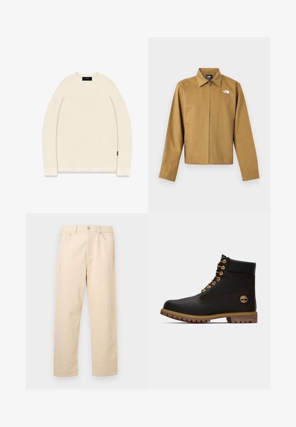 Veste zippée marron clair pour homme avec col, manches longues, poches latérales et logo blanc The North Face sur la poitrine.; Pull-over en tricot long en couleur écru avec un motif en maille texturé, col rond large et étiquette de marque sur la manche gauche.; Jean beige à coupe droite avec fermeture à bouton et glissière, passants pour ceinture et poches avant sur un fond uni.; Bottine noire en cuir avec œillets dorés, accents marron et semelle en caoutchouc. Comprend un col rembourré et un logo estampé sur le côté.