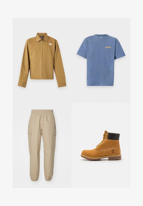 Chaqueta ligera para hombre de color marrón claro con cremallera, cuello, mangas largas, bolsillos laterales y el logo blanco de The North Face en el pecho.; Camiseta azul de manga corta con cuello redondo y pequeño logo amarillo de "Dickies" en el pecho izquierdo sobre un fondo blanco.; Pantalones cargo beige con cintura elástica, piernas ajustadas y bolsillos laterales. Tejido suave con una textura ligeramente estructurada.; Botín de cuero marrón con ojales de metal, forro de piel sintética blanca, cuello acolchado negro, suela resistente y logotipo en relieve en el costado.