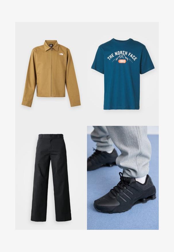 Hellbraune Herrenjacke mit Reißverschluss, Kragen, langen Ärmeln, Seitentaschen und weißem The North Face-Logo auf der Brust.; The North Face M VARSITY GRAPHIC RELAXED SS TEE - T-Shirt print - midnight petrol; Schwarze weit geschnittene Baumwollhose. Verfügt über einen Knopfverschluss, Gürtelschlaufen und Seitentaschen. Glatte Textur mit tailliertem Schnitt.; Person in schwarzen Nike Shox Sneakers und grauen Jogginghosen, der auf einem hellblauen Teppich steht.