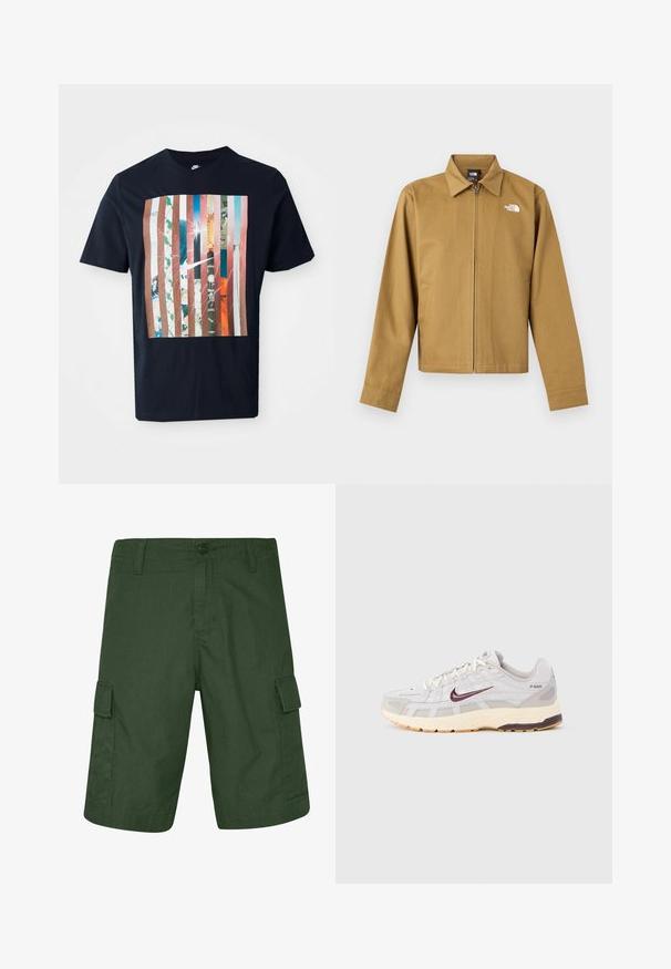 Chaqueta ligera para hombre de color marrón claro con cremallera, cuello, mangas largas, bolsillos laterales y el logo blanco de The North Face en el pecho.; Camiseta navy con un diseño gráfico que presenta rayas verticales en varios tonos, incorporando imágenes urbanas y un logo de Nike.; Pantalones cortos cargo en un verde oscuro, hechos de un tejido ligero, que cuentan con dos bolsillos laterales y cierre de botón. Superficie texturizada con corte recto.; Zapatilla de running para hombre en gris claro y crema con parte superior de malla transpirable, logo Nike en rojo oscuro, cuello acolchado y suela texturizada.