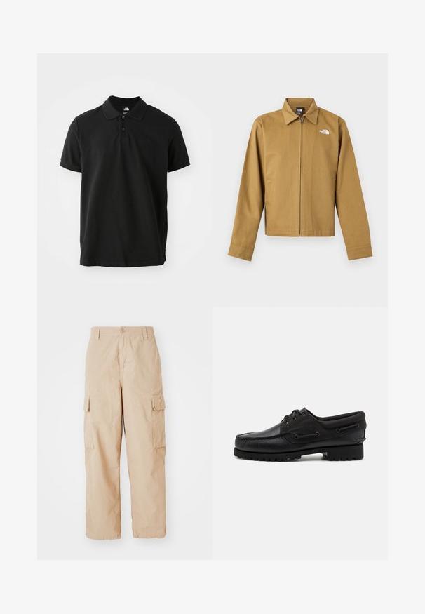 Veste zippée marron clair pour homme avec col, manches longues, poches latérales et logo blanc The North Face sur la poitrine.; Polo noir en coton, doté d'un col classique, de manches courtes et d'un logo sombre et subtil sur la poitrine. Texture lisse.; Pantalons cargo beige avec une coupe décontractée, fabriqués en tissu léger, dotés de deux poches cargo latérales et d'une fermeture à bouton à la taille.; Chaussure noire avec un dessus en cuir, des accents textiles, des lacets ronds et une semelle en caoutchouc texturé. Présente des coutures mocassins et des détails de marque.