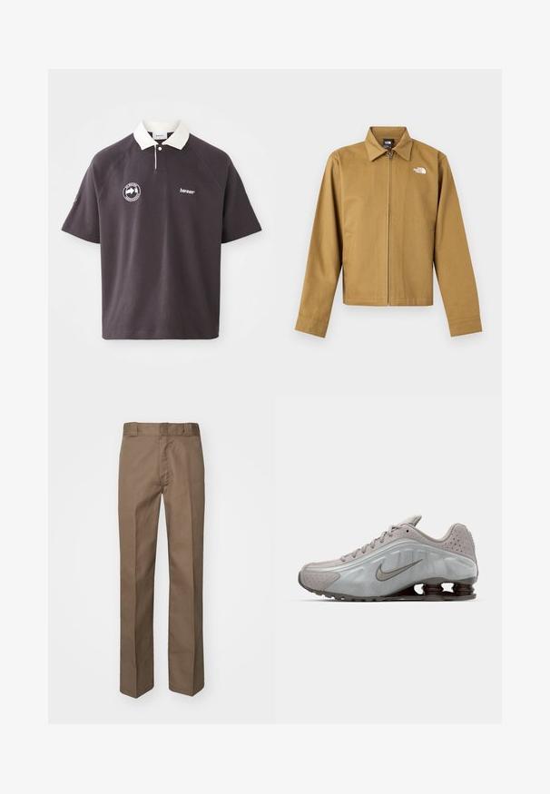 Herrejakke i lys brun med lynlås, krave, lange ærmer, sidelommer og hvidt The North Face-logo på brystet.; Mørkegrå polo shirt med hvid krave, broderet logo på brystet og korte raglanærmer. Fremstillet af blødt materiale.; Brune bukser med flad front design, lige ben og klassisk talje. Fremstillet af holdbart stof, uden synlige mønstre eller udsmykninger.; Nike løbesko i lysegrå med en glat tekstur, buet design og synlige støddæmpningsfjeder i mørkebrun ved hælen.