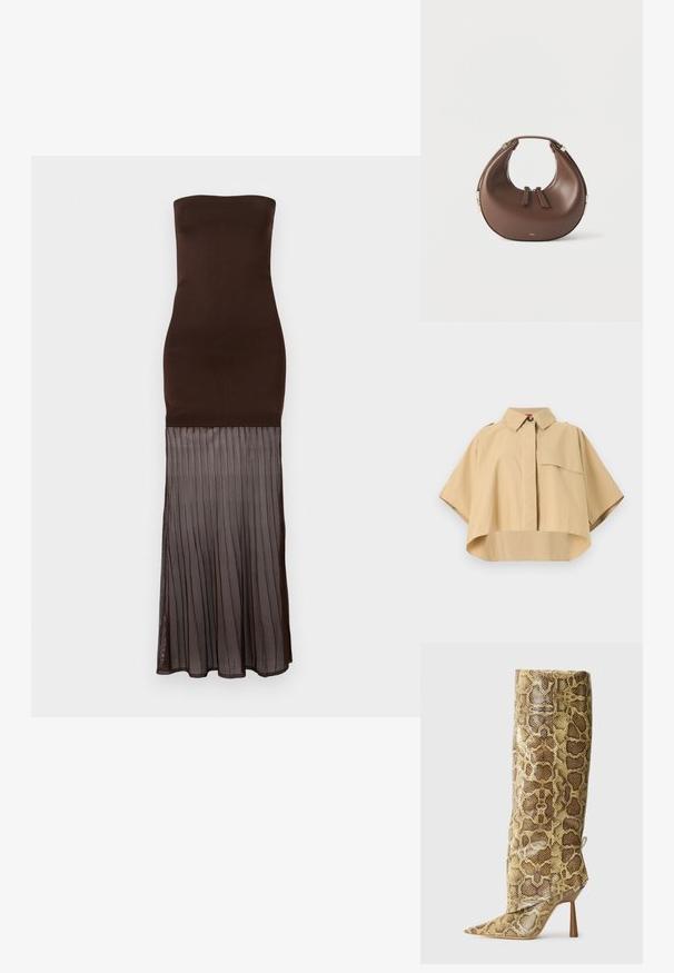 Chemise beige à manches courtes avec un col pointu, une poche poitrine unique et un ourlet incurvé. Fabriquée en tissu léger avec une texture lisse.; Robe bustier marron foncé avec corsage ajusté et jupe plissée transparente s'étendant du milieu de la cuisse jusqu'à la cheville.; Botte à talon pour femmes grande, avec un bout pointu et une texture en serpentin marron et beige, présentée en profil sur un fond léger uni.; Sac à main en cuir marron en forme de croissant avec une poignée supérieure et deux curseurs de fermeture éclair, sur fond blanc.