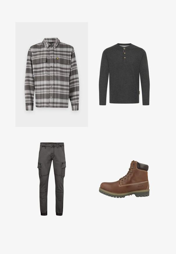 Chemise à carreaux grise avec deux poches poitrine, fermeture à boutons et accent de logo jaune. Le tissu a une finition texturée et un design de col classique.; Chemise à manches longues gris foncé en tissu doux, dotée d'un col henley avec trois boutons en bois et d'une étiquette sur le côté.; Pantalons cargo gris au design ajusté, fabriqués en denim, avec des poches latérales, des coutures texturées et des ourlets élastiqués pour un ajustement confortable.; Bottine en cuir marron avec un bout rond, un col rembourré, des coutures blanches et une semelle en caoutchouc avec motif antidérapant.