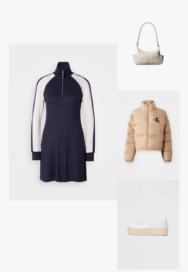 Veste courte en duvet beige, dotée d'un col haut, d'une fermeture à zip et d'un logo "ck" brodé marron sur la poitrine. Fabriquée en matériau doux et rembourré.; Robe en tricot bleu marine avec un col haut, un devant zippé à mi-hauteur et des panneaux de manches texturés blancs. Manches longues avec des poignets bleu marine.; Baskets blanches en toile avec une semelle plateforme beige épaisse, présentant un logo brodé discret sur le côté et un design classique à lacets.; Petit sac à bandoulière en cuir beige avec une sangle ajustable et un logo Calvin Klein embossé au centre avant.