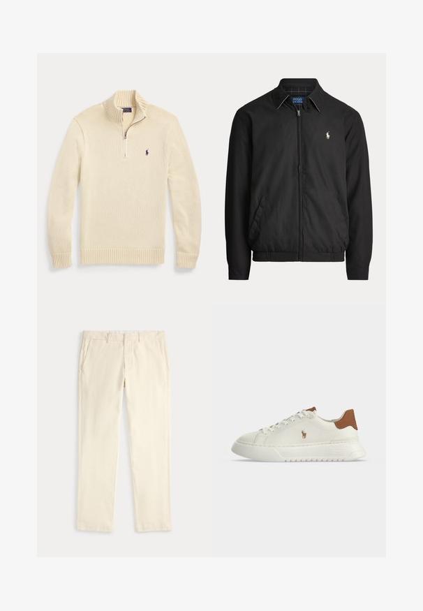 Čierna bunda na zips s golierom, bočnými vreckami, elastickým lemom a malým bielym logom Polo Ralph Lauren na ľavej strane hrude.; Krémový pletený sveter s dlhými rukávmi, polovičným zipsom vpredu, rebrovaným golierom, manžetami a spodným lemom, s malým tmavým logom Polo na hrudi.; Krémové nohavice rovného strihu s pútkami na opasok a bočnými vreckami, zobrazené na svetlom pozadí.; Biely nízky teniska s hnedou pätkou, šnurovaním vpredu, hrubou podrážkou a malým vyšívaným logom koňa na boku.