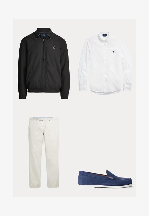 Mustaa vetoketjullista takkia, jossa kaulus, sivutaskut, joustava helma ja pieni valkoinen Polo Ralph Lauren -logo vasemmassa rinnassa.; Valkoinen pitkähihainen nappipaita nappikauluksella ja pieni tumma Polo Ralph Lauren -logo vasemmalla rinnassa.; Kermanväriset suoralahkeiset housut, joissa on vyölenkit ja piilotettu etusuljenta yksivärisellä taustalla.; Sininen mokkanahkainen loafer valkoisella pohjalla ja beigen värisillä ompeleilla yläreunassa, näkyvissä yksiväristä valkoista taustaa vasten.