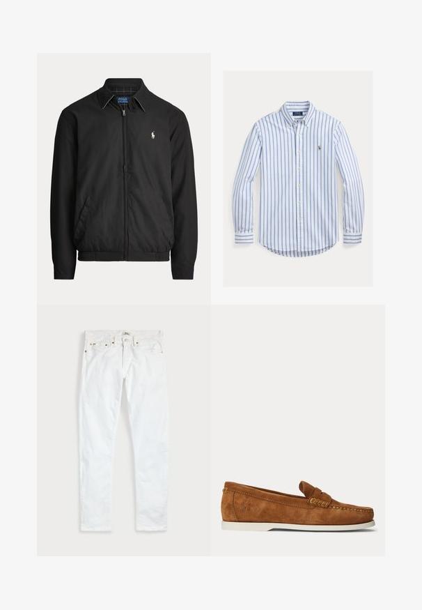 Chaqueta negra con cremallera y cuello, bolsillos laterales, dobladillo elástico y pequeño logo blanco de Polo Ralph Lauren en el pecho izquierdo.; Camisa de manga larga con botones, con rayas verticales azules y blancas y un pequeño logo bordado en el pecho izquierdo.; Vaqueros blancos de corte ajustado con cinco bolsillos, cierre de botones y trabillas para cinturón, extendidos sobre un fondo liso y claro.; Mocasín de ante marrón con suela blanca, costuras estilo mocasín y un pequeño logotipo en relieve cerca del talón sobre un fondo claro y liso.