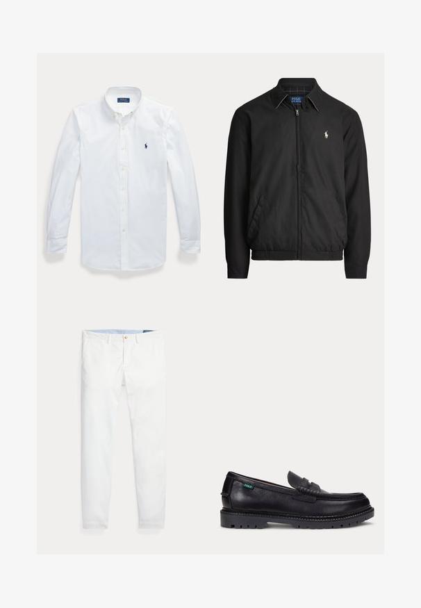 Mustast lukuga jakk kraega, küljetaskudega, elastse äärega ja väikese valge Polo Ralph Laureni logoga vasakul rinnal.; Valge pikkade varrukatega nööpidega särk koos kraega, Polo Ralph Lauren logo tikandiga vasakul rinnal.; Valged puuvillast chinos-püksid kitsas lõikega, millel on üks kuldne nööp kinnituseks ja hele sinine sisemine vöökoht. Sile tekstuur ilma mustriteta.; Mustast nahast loafer paksu soonelise tallaga ja väike roheline "Polo" silt välisküljel kanna lähedal.