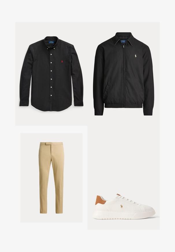 Sort lynlåstrøje med krave, sidelommer, elastisk kant og lille hvid Polo Ralph Lauren-logo på venstre bryst.; Sort langærmet skjorte med knapper, med rødt broderet logo på venstre bryst og en knappet krave.; Beige tætsiddende bukser med frontbøjle, bæltestropper og skjult frontlukning på en ensfarvet lys baggrund.; Hvid lavtop sneaker med tan hælfane, hvide snørebånd og lille broderet polo-spiller logo på siden over en tyk sål.