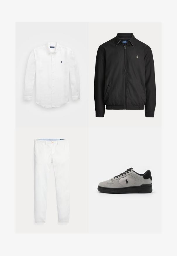 Zwarte jas met rits, kraag, zijzakken, elastische zoom en klein wit Polo Ralph Lauren-logo op de linkerborst.; Witte lange mouwen shirt van katoen met een button-down kraag, voorzien van een klein marineblauw logo op de linkerborst en klassieke knoopsluiting.; Witte katoenen chino's met een slim fit, voorzien van een enkele gouden knoopsluiting en een lichtblauwe binnenband. Gladde textuur zonder patronen.; Grijze suède sneakers met zwarte accenten, met een textuurstof zijpaneel, een ronde neus en een zwarte rubberen zool. Logo geborduurd op de zijkant.