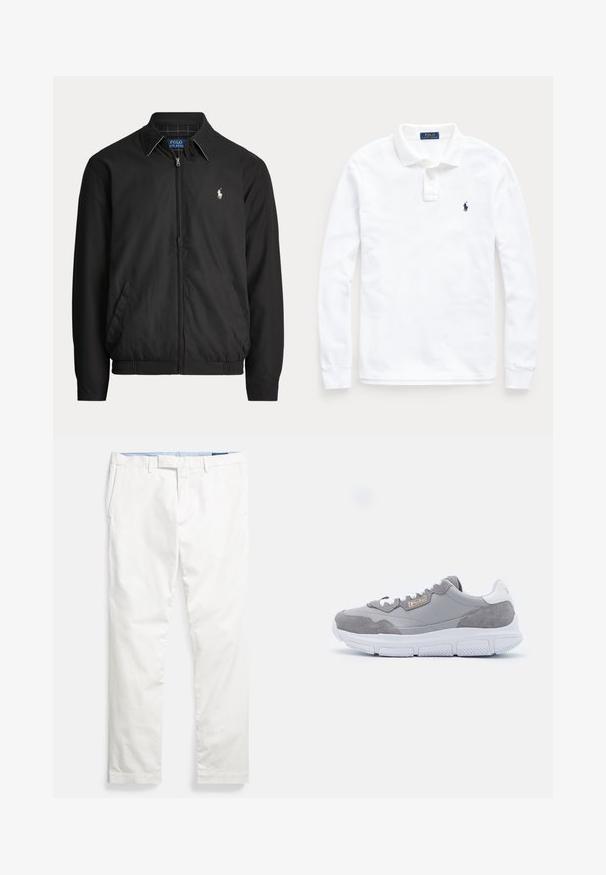 Veste noire zippée avec col, poches latérales, ourlet élastique et petit logo Polo Ralph Lauren blanc sur la poitrine gauche.; Polo blanc à manches longues avec col, patte de boutonnage à deux boutons et petit logo cheval brodé bleu marine sur la poitrine gauche.; Chinos en coton blanc avec devant plat, passants pour ceinture, poches latérales et texture lisse, dotés d'une ceinture intérieure bleue.; Baskets de sport grises en matériau suédé et synthétique, semelle en caoutchouc blanc, design à lacets et accent de logo doré sur le côté.