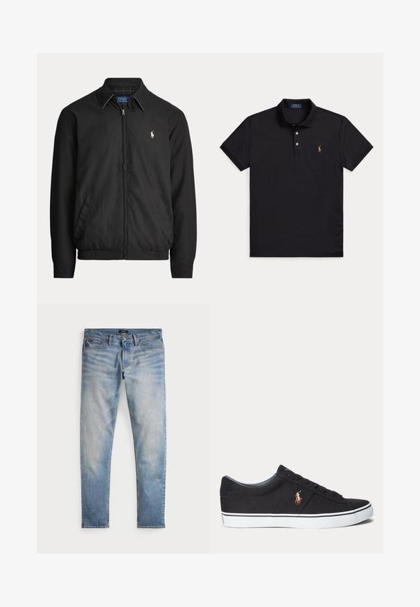 Čierna bunda na zips s golierom, bočnými vreckami, elastickým lemom a malým bielym logom Polo Ralph Lauren na ľavej strane hrude.; Čierne polo s krátkym rukávom, dvoma gombíkmi a malým vyšívaným logom na ľavej strane hrudníka.; Svetlomodré denimové nohavice s bledým povrchom, dizajnom na päť vreciek a kontrastným prešívaním. Obsahujú zips a pútka na opasok. Rovný strih.; Čierna nízka teniska s bielou podrážkou a vyšitým logom hráča póla na boku, s šnurovaním a textúrovaným vrchným materiálom.