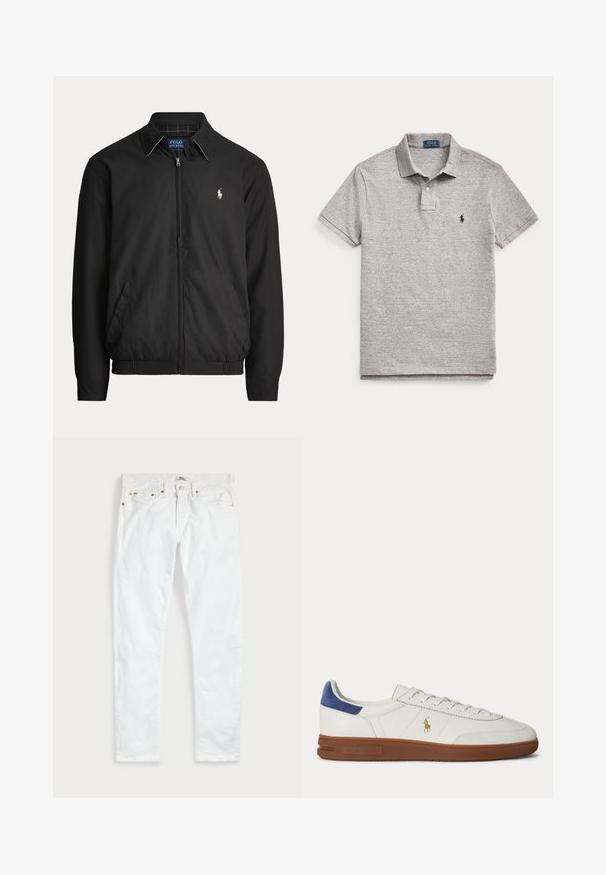 Chaqueta negra con cremallera y cuello, bolsillos laterales, dobladillo elástico y pequeño logo blanco de Polo Ralph Lauren en el pecho izquierdo.; Polo de manga corta en gris claro con tapeta de dos botones y pequeño logo negro bordado en el pecho izquierdo.; Vaqueros blancos de corte ajustado con cinco bolsillos, cierre de botones y trabillas para cinturón, extendidos sobre un fondo liso y claro.; Zapatilla blanca de caña baja con suela marrón, lengüeta azul en el talón, cordones y logo dorado de Polo Ralph Lauren en el lateral.