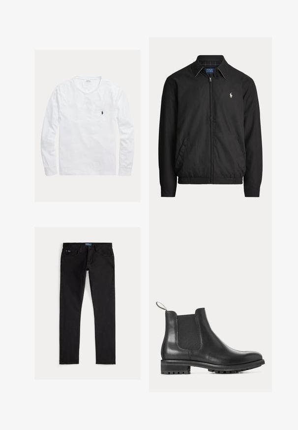 Schwarze Jacke mit Reißverschluss, Kragen, Seitentaschen, elastischem Bund und kleinem weißen Polo Ralph Lauren-Logo auf der linken Brust.; Weißes Langarmshirt mit Rundhalsausschnitt und kleinem dunkelblauem Polo Ralph Lauren-Logo, das auf der linken Brust gestickt ist.; Schwarze Slim-Fit-Denimjeans mit fünf Taschen, Gürtelschlaufen und einem blauen Markentag am Bund. Glatter, strapazierfähiger Stoff.; Schwarzer Leder-Chelsea-Stiefel mit elastischen Seitenteilen, Zuglasche hinten und profiliertem Gummisohlenabsatz, im Profil gezeigt.