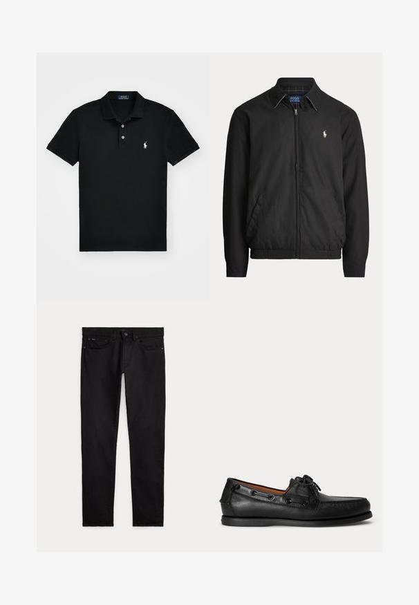 Mustast lukuga jakk kraega, küljetaskudega, elastse äärega ja väikese valge Polo Ralph Laureni logoga vasakul rinnal.; Must must-särgid, mis on valmistatud puuvillast, klassikalise kraega, kolme nööbiga varrukatele ja valge logoga vasakul rinnaosa.; Mustad slim-fit teksapüksid esikülje ja tagakülje taskutega, vööaasadega ning nööbi ja lukuga sulguri, laotatud valgele taustale.; Mustast nahast mokkassiin paeltega ja madala kummist tallaga, näht külje pealt heledal taustal.