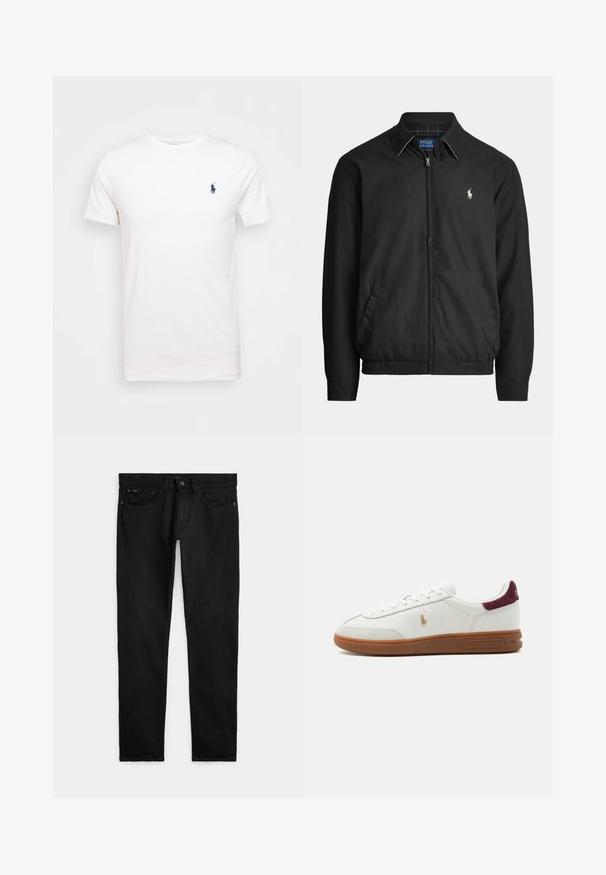 Chaqueta negra con cremallera y cuello, bolsillos laterales, dobladillo elástico y pequeño logo blanco de Polo Ralph Lauren en el pecho izquierdo.; Camiseta de algodón blanca con cuello redondo. Presenta un pequeño logo azul oscuro en el lado izquierdo del pecho. Mangas cortas, textura suave.; Vaqueros negros de corte slim con bolsillos delanteros y traseros, trabillas para cinturón y cierre con botón y cremallera, colocados planos sobre un fondo blanco.; Zapatilla blanca de caña baja con suela de goma marrón, logo dorado del jugador de polo en el lateral, cordones blancos y lengüeta trasera de ante burdeos, de la marca Ralph Lauren.