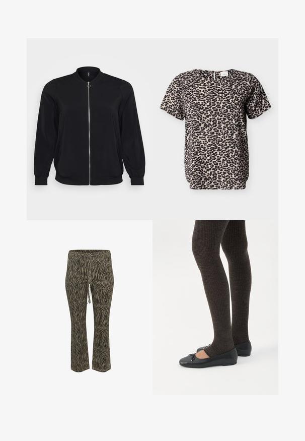 Zwarte bomberjack van gladde stof, voorzien van een rits aan de voorkant en ribgebreide manchetten, met een klassieke ronde halslijn en zijzakken.; Korte mouwen top met luipaardprint in beige en zwart. Ronde halslijn met een sleutelgatdetail aan de achterkant. Zachte stoftextuur. Losse pasvorm.; Elastische tailleband broek met trekkoord in khaki en beige zebra patroon. Middelhoge taille, uitlopende pijpen, zachte textuur. Geschikt voor casual wear.; Benen met donkere geribbelde leggings gecombineerd met zwarte ballerina's met kleine strikdetails op een witte achtergrond.