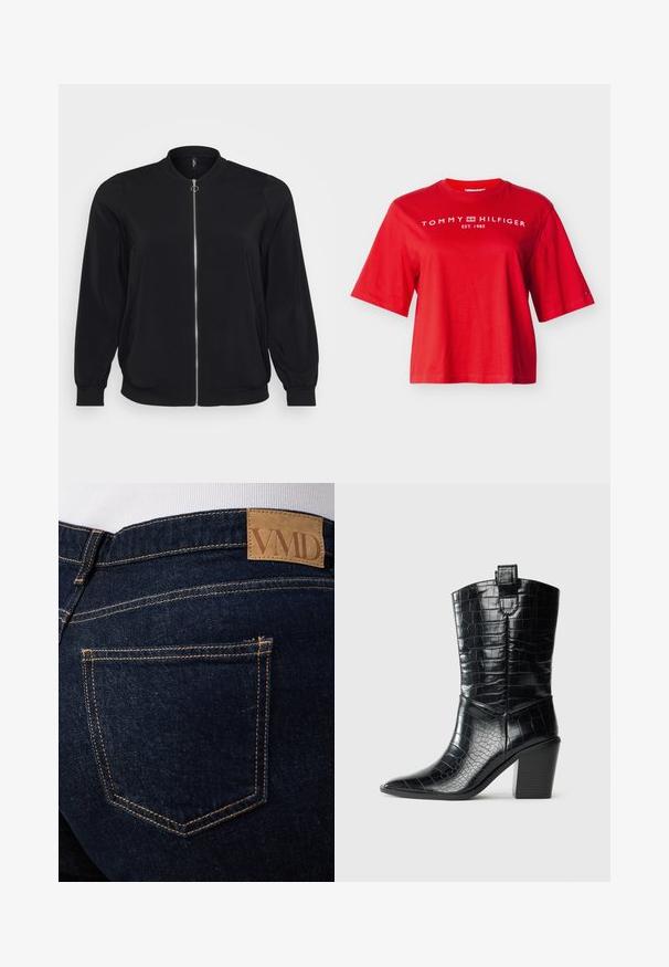 Sort bomberjakke lavet af glat stof, med en frontlynlås og ribbede mansjetter, har en klassisk rund halsudskæring og sidelommer.; Rød kortærmet Tommy Hilfiger T-shirt med hvidt logotekst og emblem på brystet og et lille flaglogo på venstre ærme.; Mørkeblå denimjeans med synlige orange syninger og en brun læderlap med mærket "VMD" over den bageste højre lomme.; Sort westernstøvle til midten af lægen med spids tå, blokhæle og blank lædertekstur med krokodillepræg mod hvid baggrund.