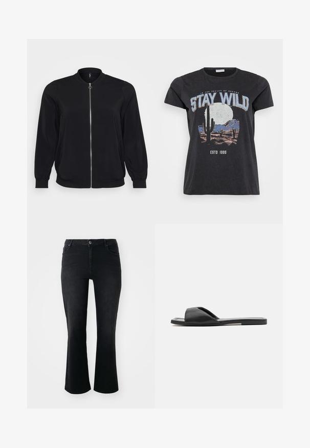 Schwarze Bomberjacke aus glattem Stoff, mit einem Frontreißverschluss und gerippten Bündchen, klassischem Rundhalsausschnitt und Seitentaschen.; Schwarzes Baumwoll-T-Shirt mit einem grafischen Druck einer Wüstenlandschaft mit Kakteen, einem Mond und dem Schriftzug "STAY WILD" in blauer Schrift.; Schwarze Denim-Jeans mit mittelhohem Bund, vorderem Knopf, zwei Vorder- und zwei Hintertaschen sowie weiter Schnitt.; Schwarze Riemchensandalen bestehen aus einem glatten synthetischen Material, haben ein offenes Zehendesign und eine flache Sohle mit einem minimalen Akzentstreifen an der Seite.